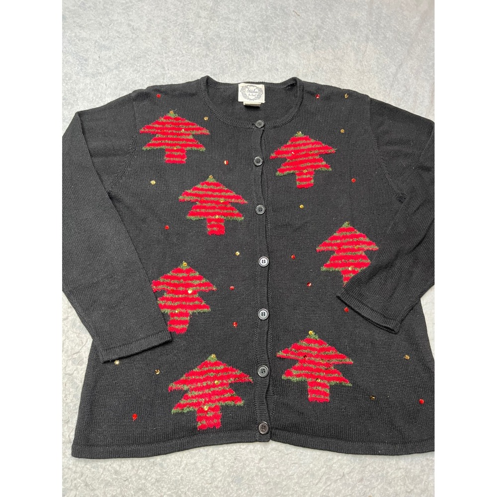 Stitches In Time Christmas Tree Sequin Cardigan Sweater Womens M vintage‎ 90s